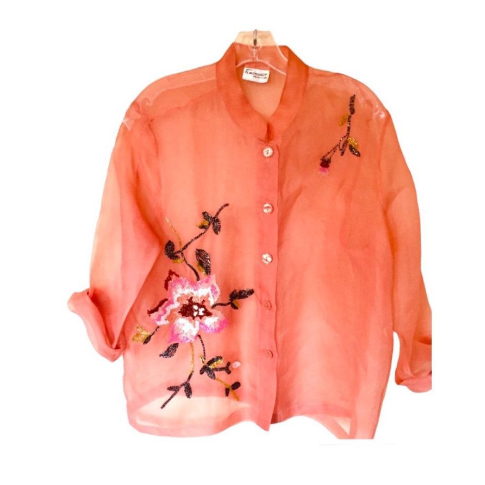 Vintage Florissant New York Beaded Organza Button Up Top Sz M/L